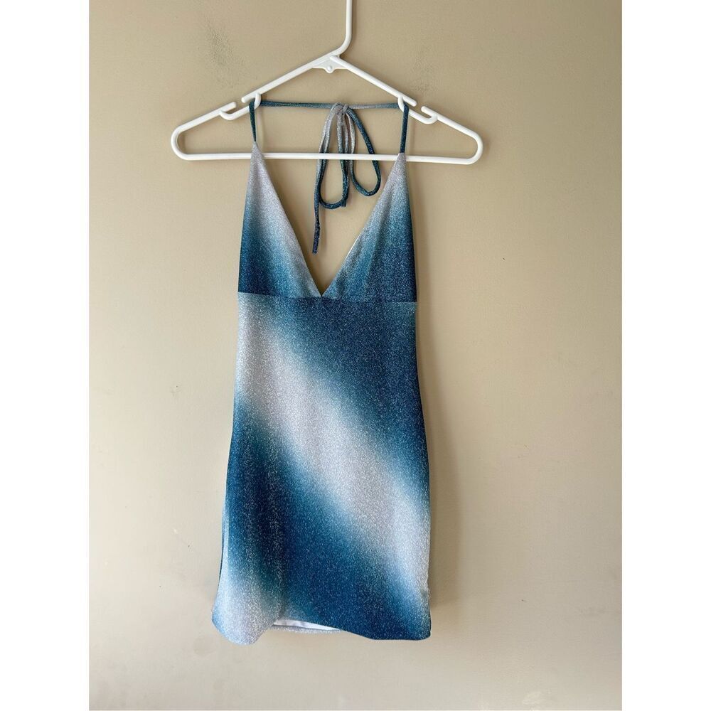 Princess Polly Blue and Silver Sparkle Halter Mini Dress